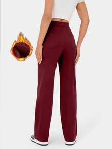 Women's High Waist Casual Sports Solid Color Button Pockets Straight Leg Pants - Burgundy - View 2