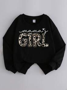 Sweat-shirt-shirt col rond imprimé slogan léopard pour préadolescentes. Vêtements de mode décontractés et confortables pour l'automne. Lavable en machine, polyvalent - Vêtements de sport décontractés pour l'automne/l'hiver, Convient pour l'école, les vacances et les tenues de shopping, Rentrée scolaire - Noir - Voir 2