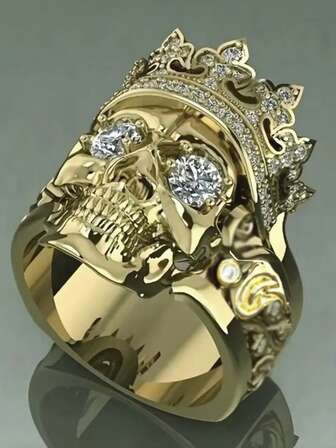 1 件哥特式夸张全锆石骷髅皇冠男士戒指，适合派对和日常佩戴