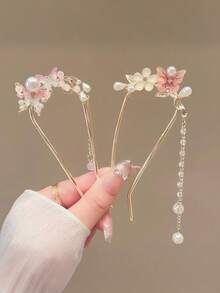 4个水墨花朵流苏发夹，复古百搭发饰，尽显优雅气质，可作发髻延长器、发髻造型器、发髻发片、发型别针、发夹、发卡、发卡、头饰