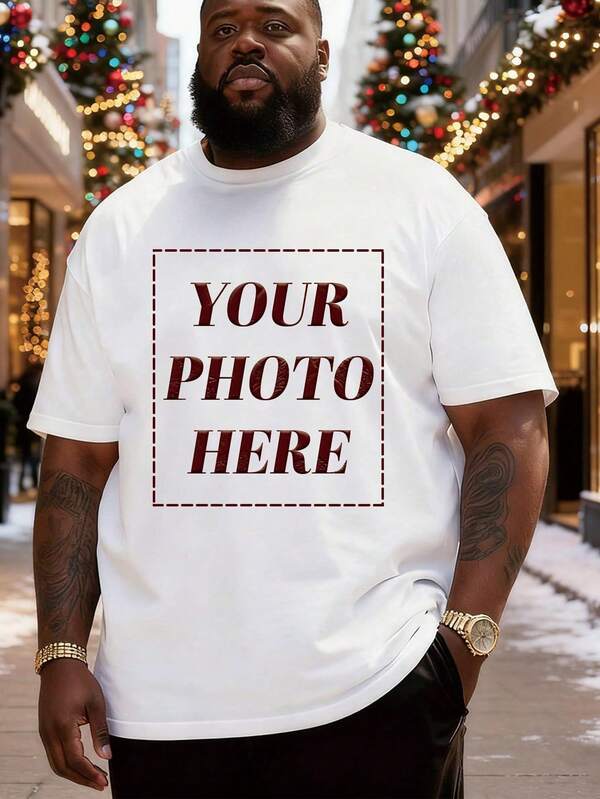 Customized Christmas Graphic Plus Size Men's T-Shirt, Personalized White Plus Size Men's T-Shirt, Upload Your Friend/Family Photo/Selfie/Group Photo/Landscape/Pet Photo/Logo, Team Uniform, Outdoor Apparel Customization, Birthday/Valentine's Day/Christmas/Father's Day/Party Anniversary/Birthday Image Customization, Men's Casual Crew Neck Loose Fit Short Sleeve T-Shirt, Customized White Men's Top, Christmas Apparel