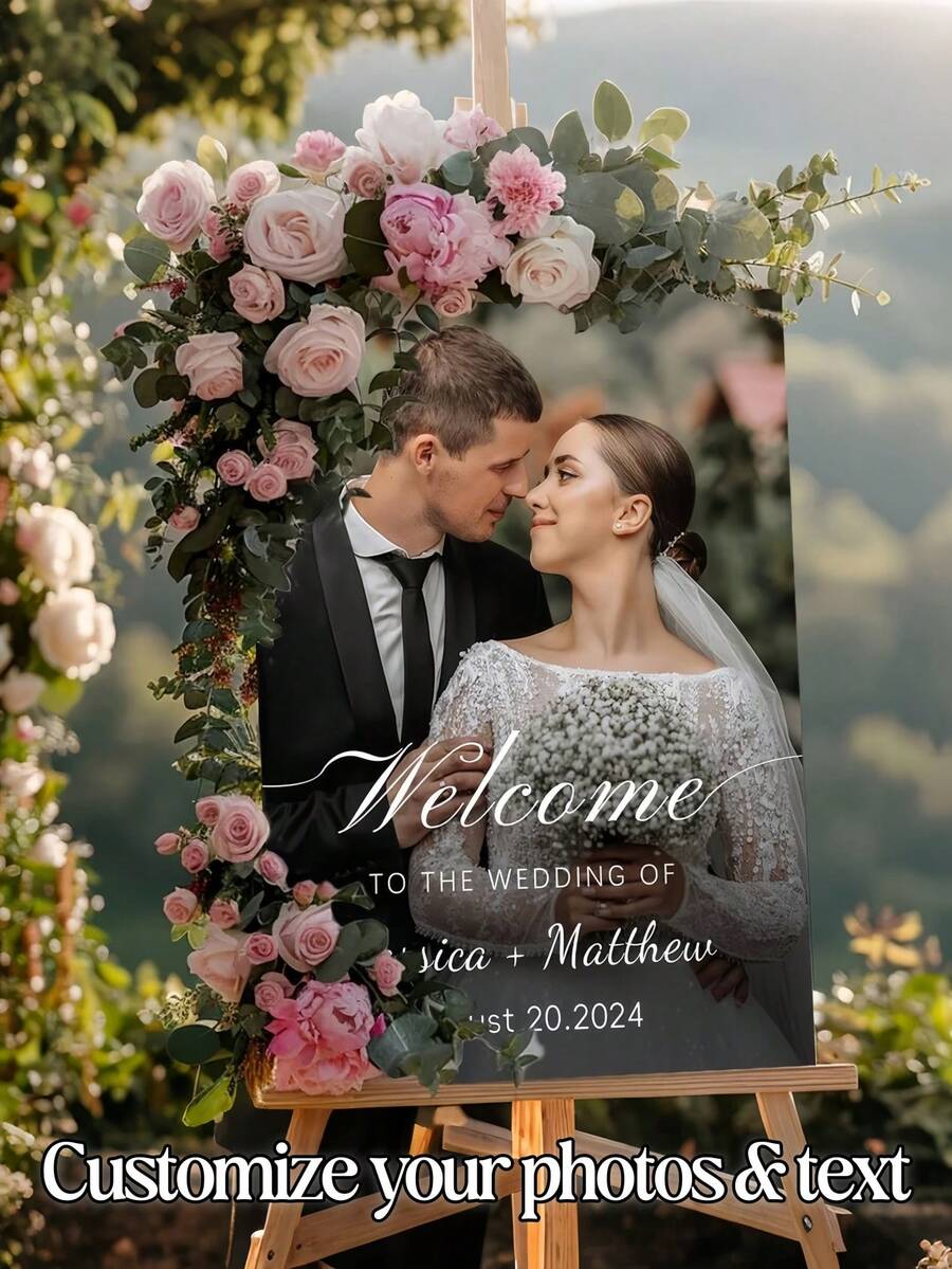 Customized Wedding Birthday Welcome Sign - Personalized Bride & Groom Photo, Engagement Party Decor, PVC Material, Elegant Design, Suitable For Weddings & Celebrations, Customized Logo - Multicolor - View 1