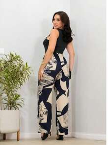 DUNA Fabric Pants With Lining, Pocket And Elastic Waist - biru tua/krem muda - View 2