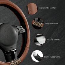 Road Comforts D-Type Steering Wheel Cover - Made With PVC Leather And Leopard Fabric - Universal Fit For 15-Inch D-Shaped Automotive Steering Wheels (Brown Color) - Black - View 6