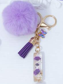 1pc Purple Starry Sky Dried Flower 26 Uppercase English Letter Resin Keychain, Bubble Fur Ball Glass Butterfly Tassel Decor, 18K Gold Lobster Clasp Design, Suitable For Bag Chain, Phone Strap, Gift For Friends, Mother, Christmas, Bag Charm, Car, Teacher, Sisters Gifts For Mother, Father, Graduation, And Teacher - Purple - View 14