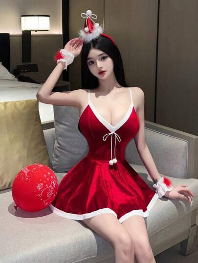 （帽子+裙子+手镯）女士新年圣诞女仆角色扮演套装 - 蕾丝装饰节日内衣，含节日配饰，红白相间内衣角色扮演套装，耐用服装面料，节日舞台表演服装套装，适合节日派对和主题活动，圣诞内衣