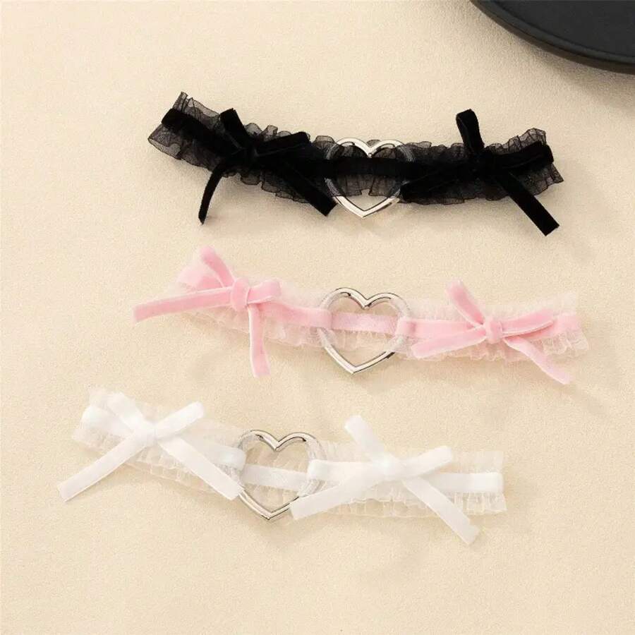1 Piece Chic Black Lace Thigh Ring With Heart-Shaped Metal Pendant And Pink Bow Detail - Women's Elastic Leg Accessory, Hand Washable, Thigh Jewelry - Hồng - Xem 1