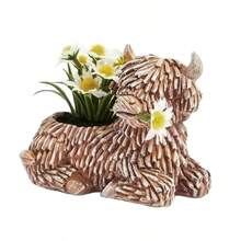1 pieza Maceta de resina con diseño de vaca de las tierras altas, maceta decorativa con forma de animal creativa, un contenedor de suculentas de escritorio que hace una bonita pieza de decoración del hogar.