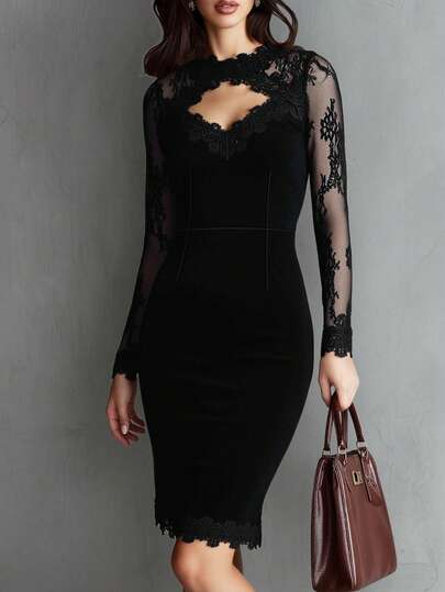 Abito da donna elegante e alla moda con scollo a V, patchwork in pizzo, adatto per banchetti, feste di nozze, feste da ballo, con maniche lunghe sexy e atmosfera romantica, abito midi per autunno e inverno