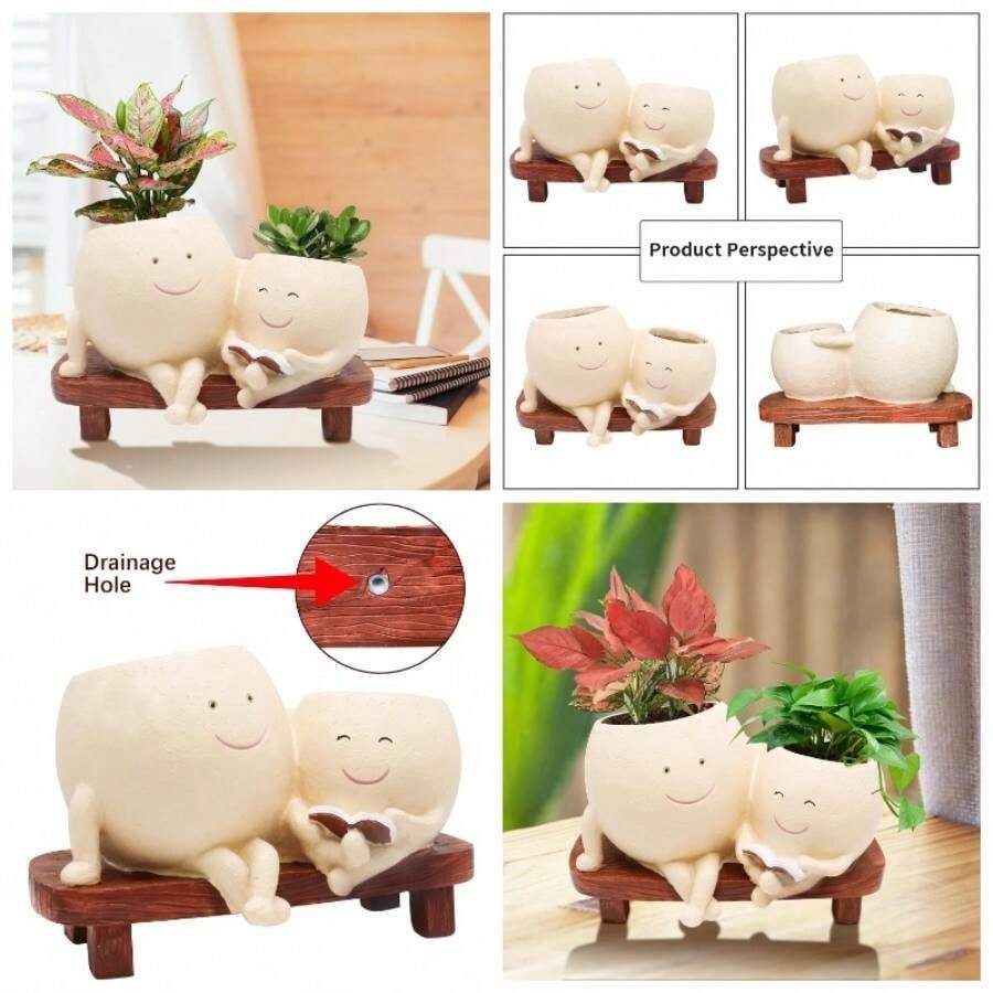 - Maceta para plantas, lindas macetas de doble cabeza para plantas de interior y exterior, florero moderno de cabeza de seora y nia, macetas suculentas nicas con agujero de drenaje - Caquí - Ver 1