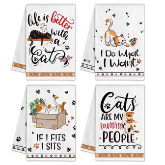 1/2/4 件套，简约猫咪和字母组合印花毛巾，超强吸水超细纤维现代洗碗布，烹饪烘焙茶巾，洗碗布，手巾，超柔软且吸水率高，厨房装饰，邻居/妈妈/生日礼物，朋友乔迁礼物，厨房配件，家居必需品