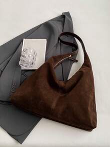 New Versatile Retro Bag For Women, Suede Miramar Style Simple Hobo Bag, Large Capacity Commuter Casual Shoulder Bag - Coffee Brown - View 5