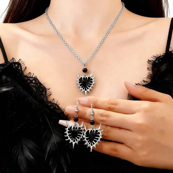 3 قطع/مجموعة من مجوهرات المرأة الأنيقة، أقراط قطرة بشكل شوكة جوتية، أقراط قلب بلوري عتيق، أقراط فيكتورية بانك، أقراط هيب هوب Y2K، مجوهرات ساحرة