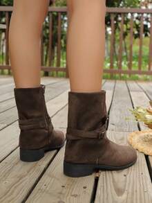 2025 Bottes de cheville plissées pour femmes, bottes de cow-boy vintage d'automne/hiver avec boucle, style vacances - Tabac - Voir 4