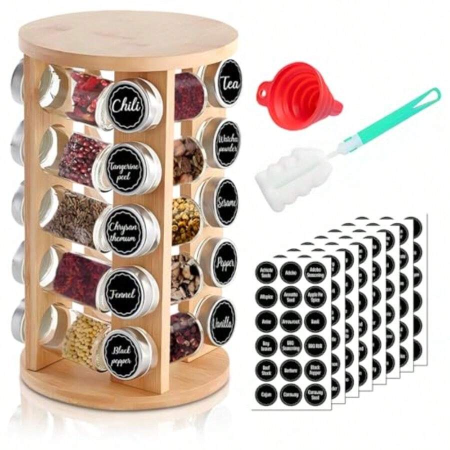 KITment Bamboo Rotating Spice Rack Organiser With 20 Spice Jars ...