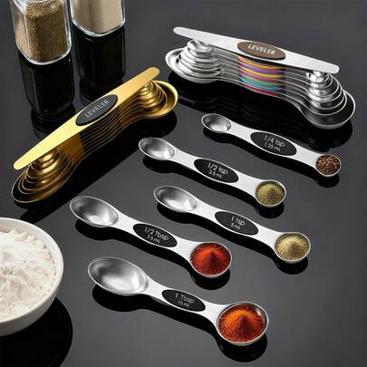 9pcs Colorful Stainless Steel Magnetic Measuring Spoons - Double Sided Measuring Spoon Set With Leveade Engraved Measuring Spoons For Dry And Liquid Ingredients, Baking Tools, Kitchen Gadgets, Kitchen Accessories With Level