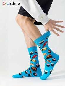 1/2/3 Pairs Crew Socks With Japanese Cuisine Sushi Food Blue Design, Comfortable Breathable Moisture-Wicking, Interesting Novelty Personalized - Multicolor - View 3