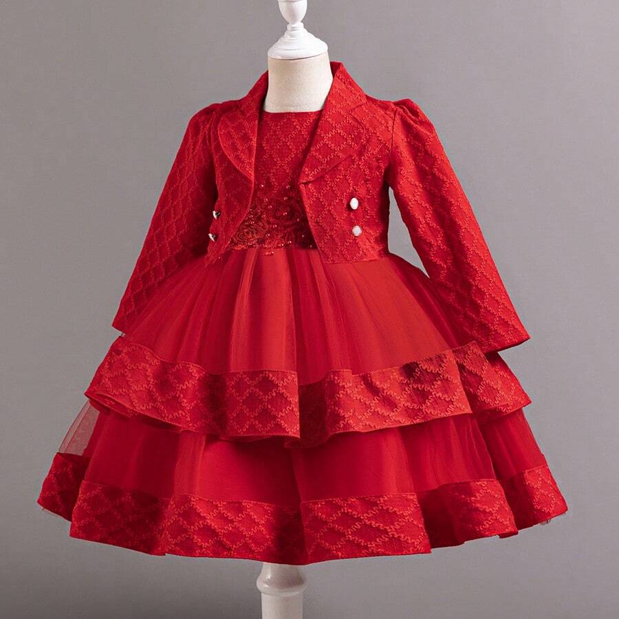 Puffy Dress For Girls Jacquard Pattern Tulle Patchwork Children Clothing 3D Appliques Casual Birthday Dresses - 紅色 - 查看 1