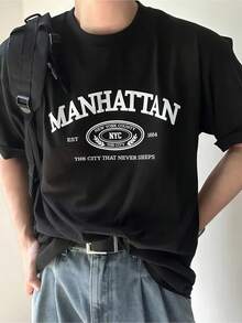 Men's Casual T-Shirt With Manhattan Print - Soft Cotton, Short Sleeves, Crew Neck, Comfortable Fit, Summer Style, Comfortable Everyday T-Shirt - 黑色 - 查看 1