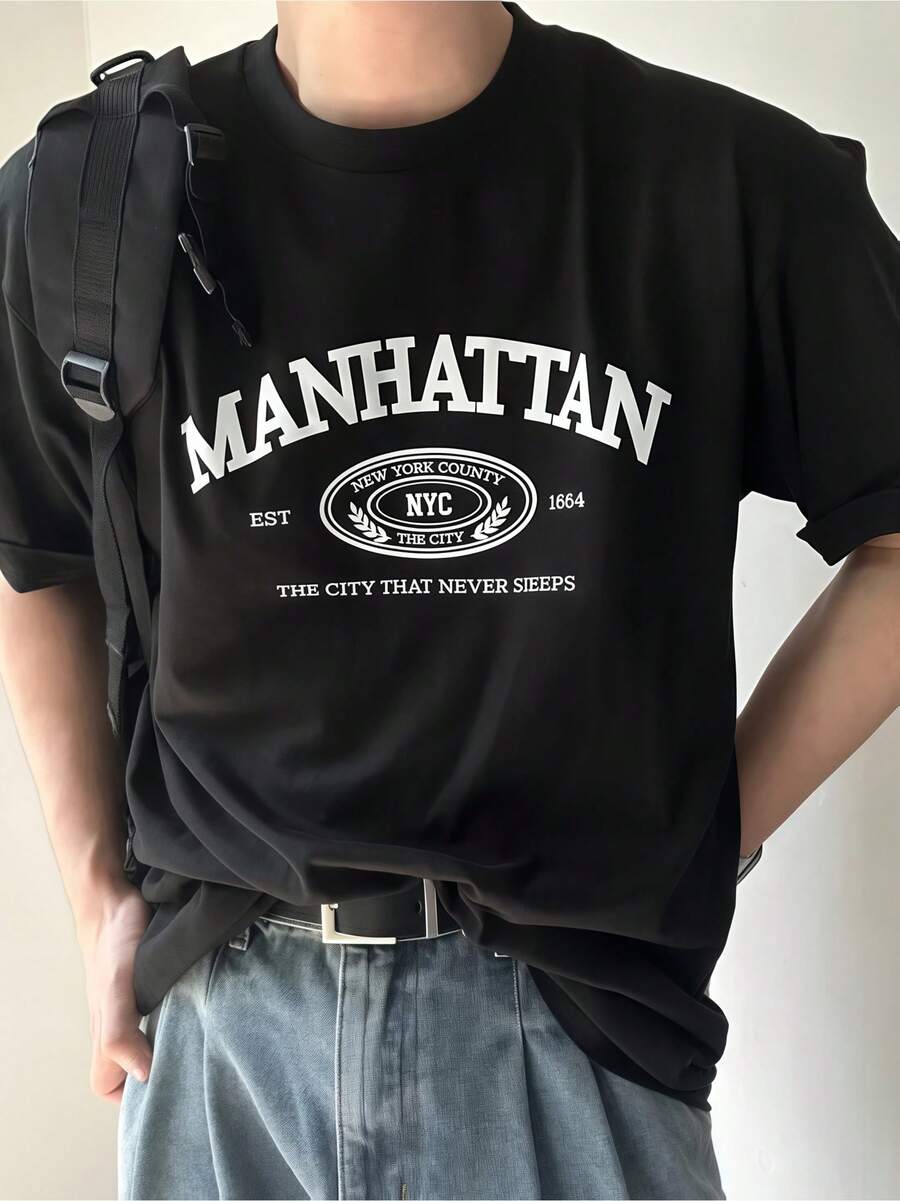 Men's Casual T-Shirt With Manhattan Print - Soft Cotton, Short Sleeves, Crew Neck, Comfortable Fit, Summer Style, Comfortable Everyday T-Shirt - 黑色 - 查看 1