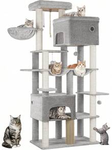 Arbre à chat Hzuaneri 200 large, griffoir avec 2 lits et 10 sisal, durable pour grands chats Maine, comprend 2 hamacs, gris clair MS20018LG - Beige - Voir 8