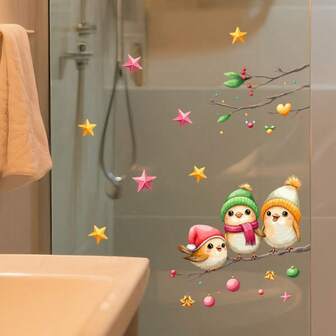 圣诞鸟和树枝窗户贴花 - 自粘式 PVC 节日装饰，配有圣诞帽、围巾和星星，适用于窗户、客厅、卧室、衣柜、冰箱 - 易撕易贴，圣诞装饰，节日家居装饰，异想天开的设计，易安装贴花，墙壁/卧室装饰/粘性/墙贴，圣诞装饰