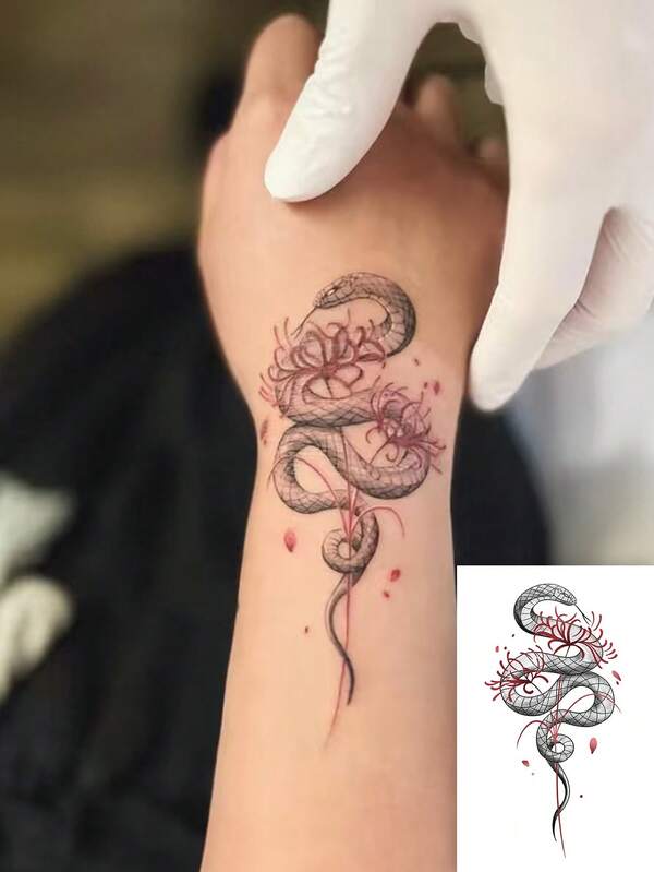 Wasserfeste und schweißfeste temporäre Tattoo-Aufkleber, 1 Stück PVC mysteriöser Nischen-Retro-Stil Schlangen- und Lycoris-Radiata-Tattoo-Aufkleber, geeignet für Arm-Tattoo-Aufkleber