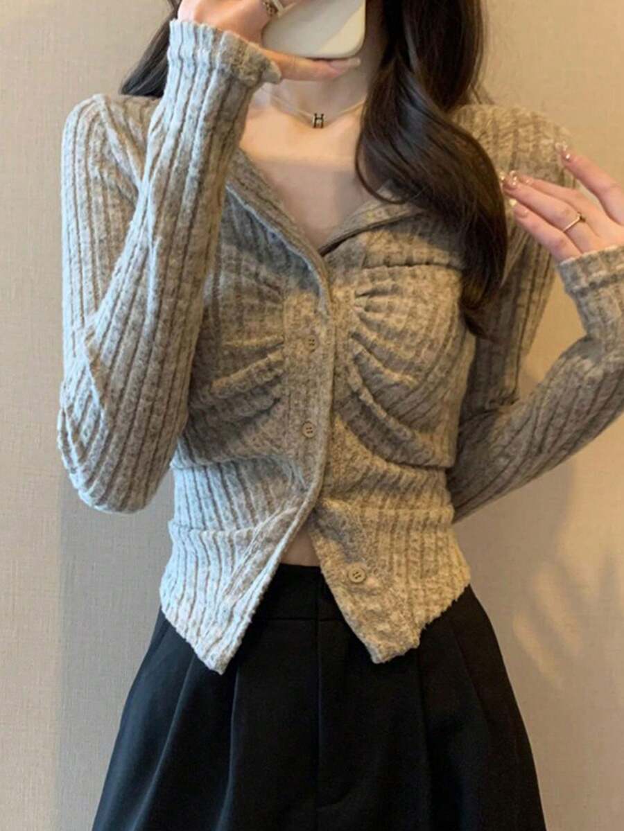 Meillard Women's Fitted Asymmetric Pleated Collar Short Knitted Cardigan Sweater Top Spring - Apricot - View 1