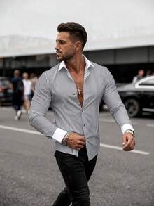 Men's Classic Striped Button Down Shirt, Roll-Up Sleeve Design, Lightweight Breathable Vertical Striped Shirt, Minimalist Fashionable Holiday Style, Fall