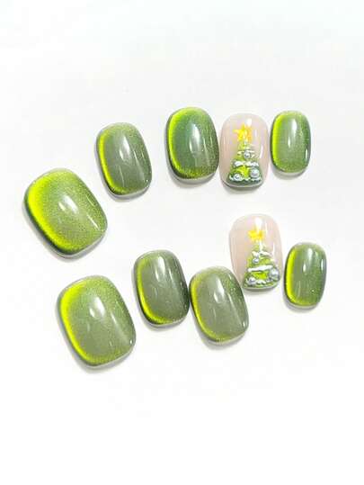 10 Stücke grüne kurze runde gepresste Nägel, handbemalter Weihnachtsbaum mit Perlenstern, funkelnde grüne Katzenauge Kristall Nagelkunst, einfach und vielseitig für den täglichen Gebrauch, abnehmbar und wiederverwendbar, perfekt für beschäftigte Mütter, Partygirls und Nagelliebhaber, DIY Nagel-Tools für Familien, Weihnachtsnägel, Aufklebe-Nägel kurz, Aufklebe-Acrylnägel, kurze Nägel, süße Nägel