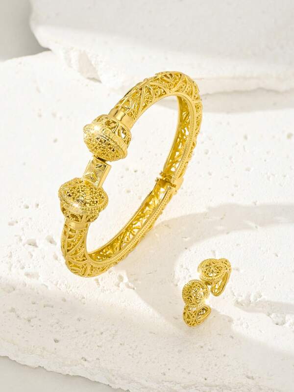 24K Gold Plated Vintage & Casual Women Bracelet Ring Jewelry Set, Elegant And Versatile For Daily Wear, Parties, Weddings, High-Quality Gold Jewelry Alternative