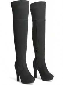 Women's Black Chunky Thigh High Over Knee High Heel Boots - 2025 Style - Sarahi-blacknubuck - Xem 11