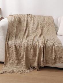 1pc Solid Color Knitted Blanket, Nordic Style Tasseled Design Soft Throw Blanket, Suitable For Office Nap, Bed, Sofa, Daily Use - Khaki Shell Scarf - View 3