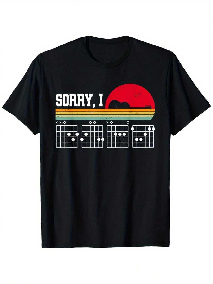 Sorry I DGAF Hidden Message Retro Guitar Graphic T-Shirt For Men - 100% Cotton Relaxed Fit Casual Tee With Vintage Chord Progression Design, Black Music Lover Shirt S-XXXL, Guitar T Shirt, Allseason Apparel, Classic Round Neckline, Nontransparent Fabric - 黑色 - 查看 1