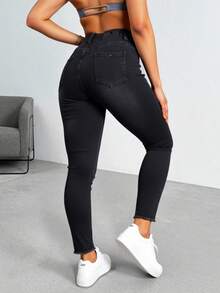 Pantalones vaqueros ajustados de tiro alto color negro, tejido suave y elástico, estilo casual y versátil - Negro - Ver 2