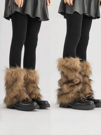 1件Y2K复古毛绒腿套，适合秋冬季节，可搭配靴子和外套，展现Y2K亚文化美学，舒适保暖。