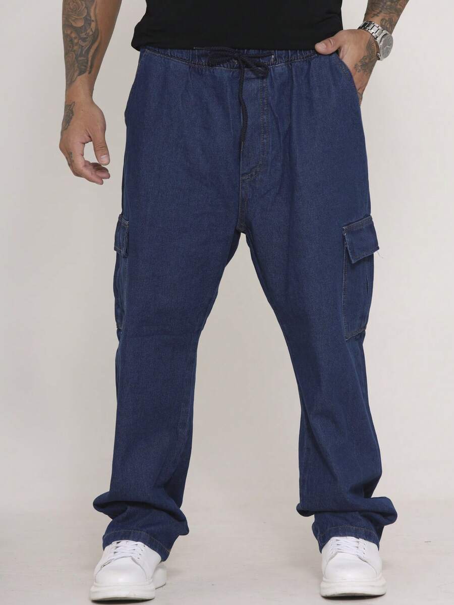 Men's Cargo Pants Wide Leg Jeans With Side Pockets Streetwear - Dark Wash - View 1