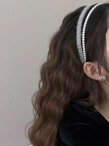 1 pieza Diadema elegante de doble capa con perlas falsas para mujer, accesorio de cabello artístico y de alta gama