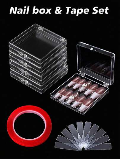 Press On Nail Storage Box With Adhesive Double Sided Tapes And Nail Display Sticks,Clear Empty Plastic Nail Tips Storage Boxwith Nail Display Sticks And Tape, Press On Nail Display, Transparent Nail Case, Fake Nails Holder, Artificial Nail Display Organizer Case With Transparent Tape And Nail Display Sticks, Nail Tips Display Holder With Glue Double Sided Tape And Nail Display Sticks For Press On False Nail