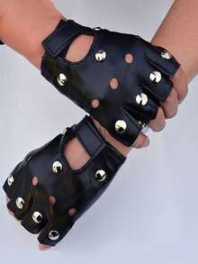 1 Pair Men's Street Dance Half Finger Leather Gloves, Nightclub Pole Dance Performance Dancing Gloves With Rivet Decor, Suitable For Dance Shows - Black - View 14