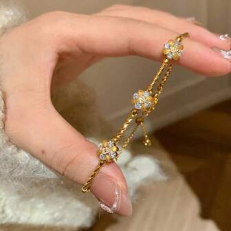 18K guldpläterat vintage franskt klöver zirkonia snöflingearmband för kvinnor