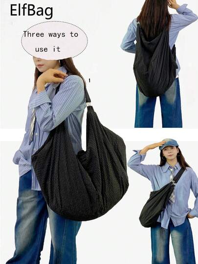 Large Capacity Dual-Color Plaid Pattern Shoulder Bag, Lightweight And Foldable, Women's Crossbody Bag, Casual And Practical Multipurpose Tote Bag, Suitable For Work, Study, Travel, Unisex