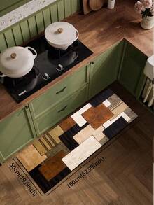 1pc Silica Gel Kitchen Floor Mat With Geometric Pattern. The Mat Features Various Colored And Shaped Geometric Forms Like Squares, Combined Through Arrangement To Create A Modern, Decorative Artistic Design. The Surface Is Fabric Material, The Middle Is Water-Absorbent Sponge, And The Bottom Is Rubber That Is Easy To Clean, Approximately 3mm Thick.