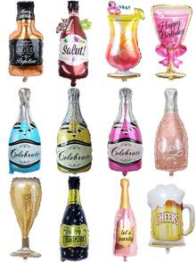 1pc Party Foil Balloon Set, Includes Champagne Glass, Stemmed Champagne Glass, Champagne Bottle, Party Bottle, Whiskey Bottle, Rose Gold Bottle, Bow Tie Glass, Beer Mug, Flamingo Glass Balloon, Suitable For Birthday Party, Engagement, Wedding Anniversary Decoration, Christmas Party, New Year Decoration, Friends Gathering, Garden Party Decoration - Multicolor - View 1