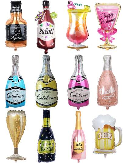 1 st folieballongset för fester, inkluderar champagneglas, champagneglas med stjälk, champagneflaska, festflaska, whiskyflaska, roséguldflaska, flugaglas, ölmugg, flamingogalasballong, lämplig för födelsedagsfest, förlovning, bröllopsdagsdekoration, julfest, nyårsdekoration, vännerträff, trädgårdsfestdekoration