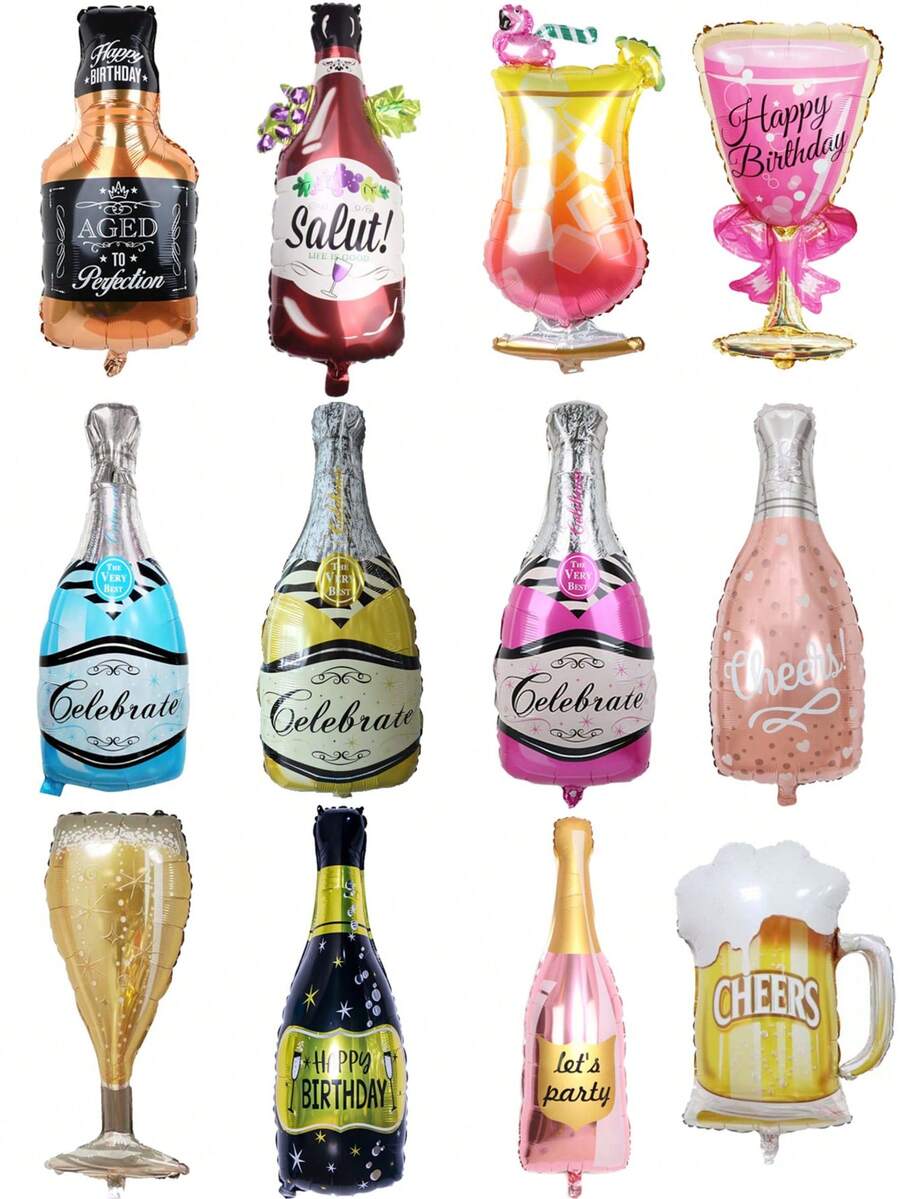 1pc Party Foil Balloon Set, Includes Champagne Glass, Stemmed Champagne Glass, Champagne Bottle, Party Bottle, Whiskey Bottle, Rose Gold Bottle, Bow Tie Glass, Beer Mug, Flamingo Glass Balloon, Suitable For Birthday Party, Engagement, Wedding Anniversary Decoration, Christmas Party, New Year Decoration, Friends Gathering, Garden Party Decoration - Multicolor - View 1