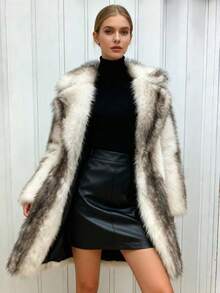 Damen Winter Colour-Blocking Mantel mit großem Kragen und mittlerer Länge, künstliches Fell, europäischer und amerikanischer Modestil, oversized künstlicher Fellmantel