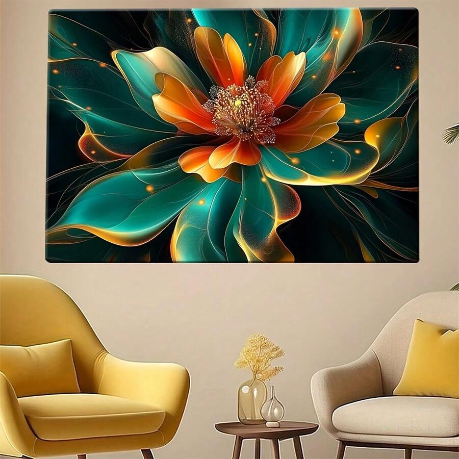 Luxury Green Orange Flower Art Canvas Wall Painting - Modern Vintage Design, High Quality Wall Painting For Elegant Home Office Decor, Perfect For Living Room, Bedroom, Dining Room, Bathroom Or Kitchen, Home Wall Art Decor, Perfect Holiday Gift Wall Painting Decoration, Ready To Hang - màu xanh lá - Xem 1