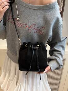 女士抽绳迷你斜挎水桶包绗缝休闲户外包 - 黑色 - 查看 3