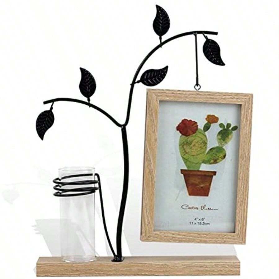 EXCEART Iron Metal Tree Picture Frame Rectangular Photo Frame Holder With Hydroponics Vase For Home Office Desk Decorations No Plant Random Colour